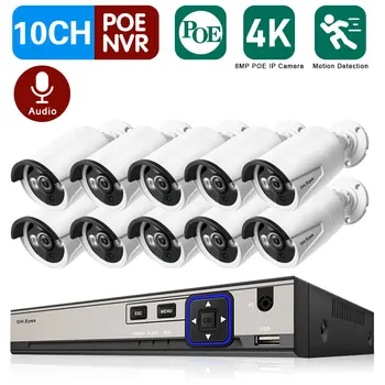 10-Канальный 4K POE NVR Система Аудиокамеры Безопасности Для Наружного и внутреннего Дома HD 5-Мегапиксельная IP-камера Комплект Видеонаблюдения 8-Канальный CCTV POE NVR Комплекты