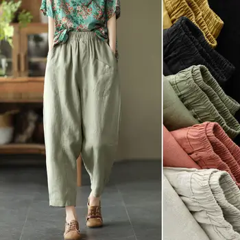 2023, Весенне-осенние укороченные брюки в китайском стиле с девятью точками для женщин, повседневные брюки черного цвета, ретро-этнические широкие брюки