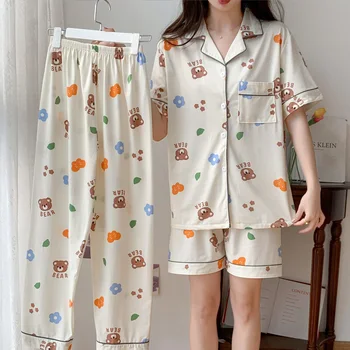 2023 Летние шорты Хлопковые пижамные комплекты для женщин Корейские длинные брюки с коротким рукавом Пижамный костюм Домашняя одежда Pijama Mujer Домашняя одежда