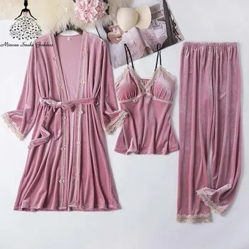 3ШТ Золотой бархатный пижамный комплект для женщин, зимний комплект для сна, сексуальная домашняя одежда, пижама, женские пижамные комплекты, домашний костюм
