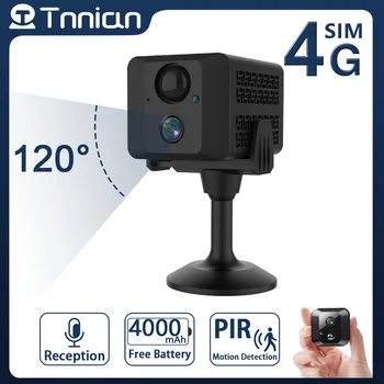 Tnnian 4K 8MP 4G Мини-камера с функцией обнаружения движения PIR, встроенный аккумулятор емкостью 4000 мАч, Wi-Fi камера видеонаблюдения, ИК ночного видения