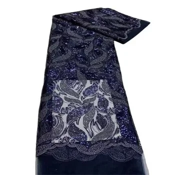 Африканская кружевная ткань ручной работы Lake Blue, 5 ярдов, высококачественные блестки, Нигерийские свадебные блестки, кружевной материал, роскошные ткани