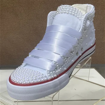Белый Высокий топ, аксессуары с жемчужной лентой, парусиновая обувь в индивидуальном стиле, спортивная повседневная обувь, женская обувь 35-44