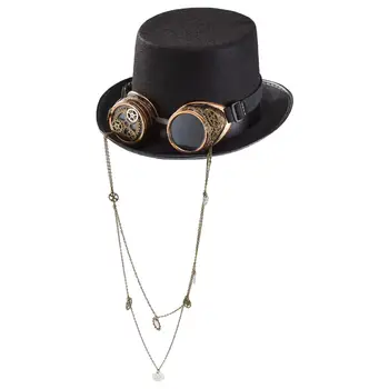 Готическая шляпа в стиле стимпанк с длинной цепочкой, черный цилиндр, прочный головной убор
