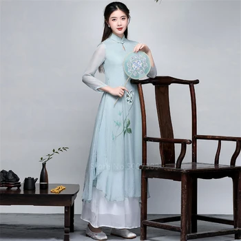 Женское элегантное летнее шифоновое вьетнамское платье Ao Dai с длинным рукавом, новинка 2022 года, Ретро-воротник-стойка, Азиатская одежда Cheongsam Tea Qipao