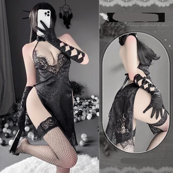 Игра NieR: Automata 2B Косплей Йорха № 2 Тип B Костюм Сексуальный Черный / Серебристо-серый Чонсам с Т-образным вырезом на спине костюмы на Хэллоуин