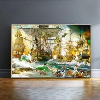 Картина с алмазной вышивкой 5D, полная Круглая Квадратная битва в Открытом море, боевые действия на лодках, Diy Мозаичный декор, Алмазная живопись
