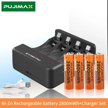 Комплект Зарядных Устройств PUJIMAX с 4 Слотами AAA/AA LED Smart Display Charger с 1,6 V AA 2800mWh Перезаряжаемой Ni-Zn Батареей Прочный