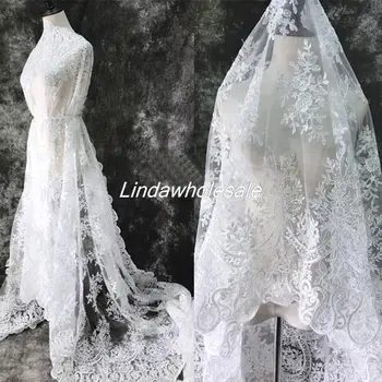 Кружевная ткань с вышивкой блестящими пайетками, дизайнерская ткань из сетчатой пряжи для свадебного платья
