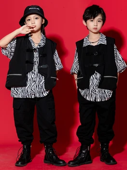 Модный детский танцевальный костюм в стиле хип-хоп, летняя рубашка с короткими рукавами, Черный жилет, брюки, костюм для джазовых выступлений для мальчиков для девочек BL10128