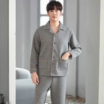 Серая пижама мужская осенне-зимняя толстая из ламинированного хлопка с длинными рукавами для домашнего обслуживания, мужской теплый тонкий стеганый костюм большого размера