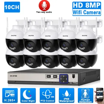 Система Безопасности 4K 10CH POE NVR с 8-Мегапиксельной Wifi PTZ IP-Камерой 2Way Audio Color Night Vision CCTV Комплект Системы Видеонаблюдения 8CH