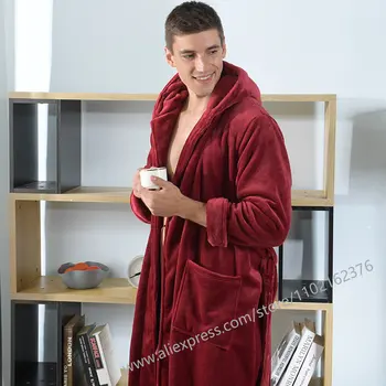 Теплый Зимний мужской халат большого размера, фланелевый, с капюшоном, свободный, уютный, удлиненный, термальный халат для полных парней, повседневная домашняя одежда